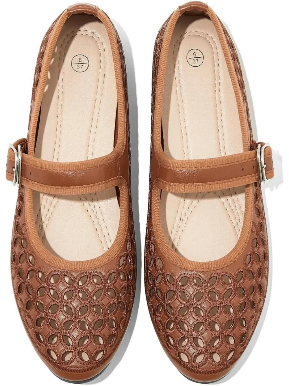 Women's Brown Faux Leather Round Toe Adjustable Buckle Strap Flat Slip On Shoes